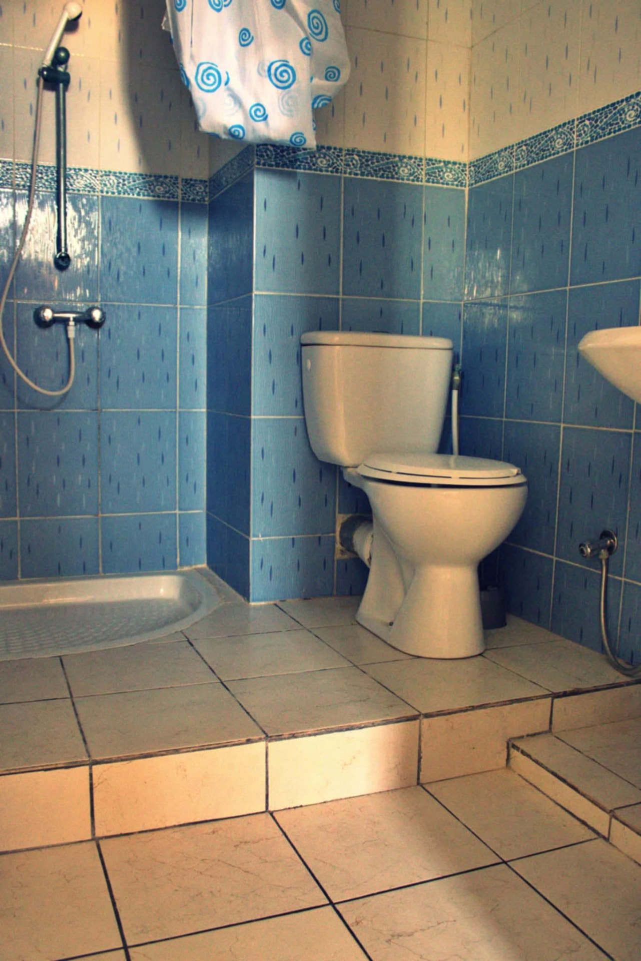 Salle de douche carrelée bleue avec WC
